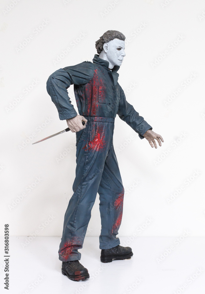 london, england, 05/05/2018 Michael myers serial killer action figure with  knife from the film halloween. A thriller and suspense movie film from thew  1990s. created by john carpenter Stock-Foto | Adobe Stock