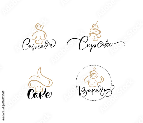 Set of four illustrations of cake vector calligraphic text with logo. Sweet cupcake with cream, vintage dessert emblem template design element. Candy bar birthday or wedding invitation
