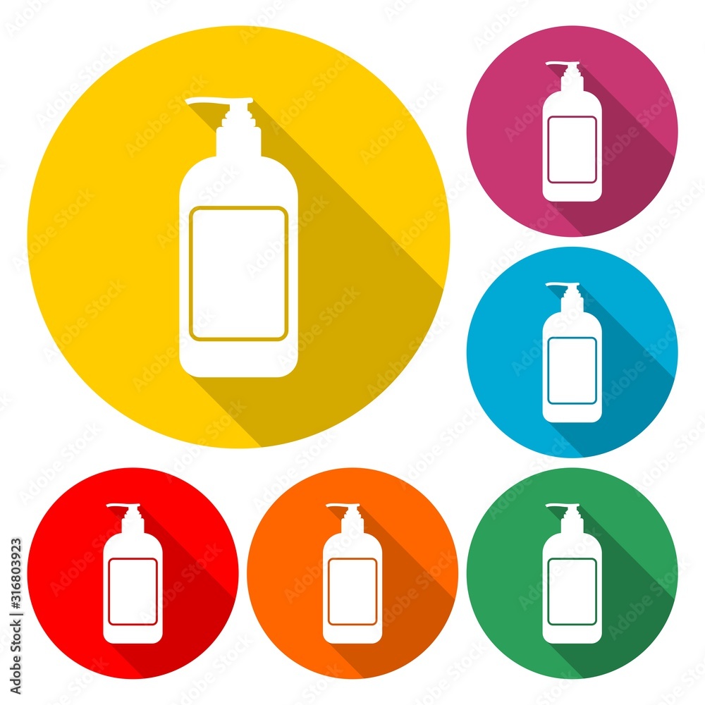 Bottle of shampoo icon isolated with long shadow Bottle of shampoo icon isolated with long shadow