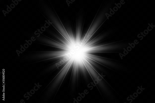 White glowing light explodes on a transparent background. with ray. Transparent shining sun, bright flash. Special lens flare light effect.