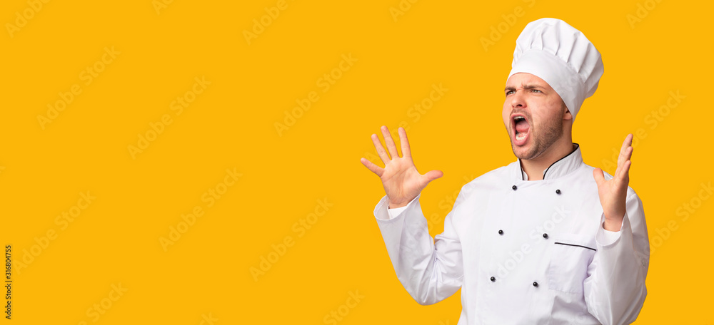Emotional Chef Man Shouting Standing Over Yellow Studio Background, Panorama Emotional Chef Man Shouting Standing Over Yellow Studio Background, Panorama
