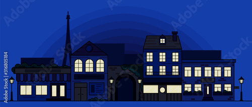 Vector illustration of a Parisian night street with burning windows in a flat style