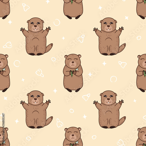 happy spring seamless pattern with cute cartoon groundhogs and doodle elements on yellow background, editable vector illustration for kids fabric, textile, paper, decoration,  gopher