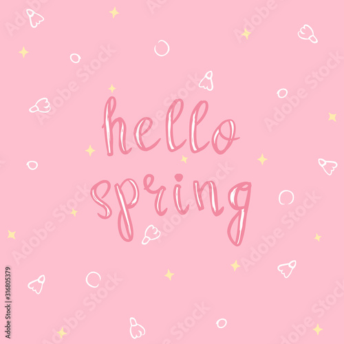 hello spring seamless pattern with handwritten slogan and cute  snowdrop flowers silhouettes on pink background, editable vector illustration for fabric, textile, banner, paper