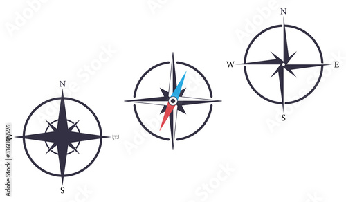 Vector nautical compas icon set. Navigation map sign.