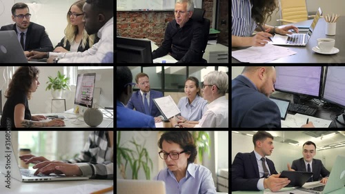 Collage of men and women working with computers in office or home. Young and mature people, colleagues and teams work with pc and gadgets at table in company or in interior of house. Businesspeople