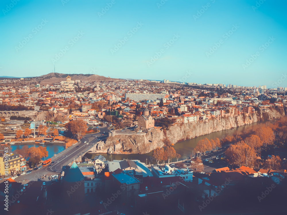 TBILISI, GEORGIA - December 17 2019: Beautiful landscape view of the old district with modern area. Winter in the city