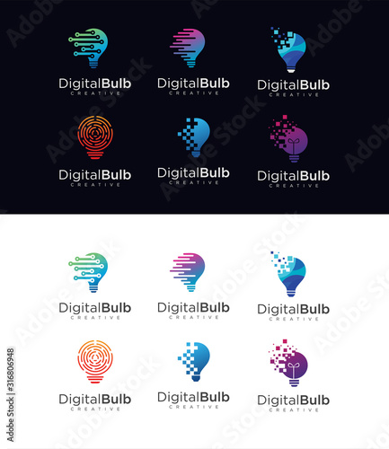 Set Of bulb tech logo icon . Idea creative light bulb logo . Bulb digital logo technology Idea .Bulb Logo Design Colorfull . 