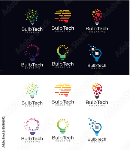 Set Of bulb tech logo icon . Idea creative light bulb logo . Bulb digital logo technology Idea .Bulb Logo Design Colorfull . 