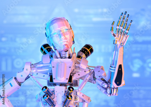 Obraz na plátně Robot, humanoid or cyborg android raised robotic arm waving hello
