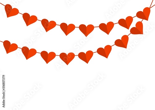 Holiday garland with red paper hearts for Saint Valentines Day. Space for your text. Vector illustration