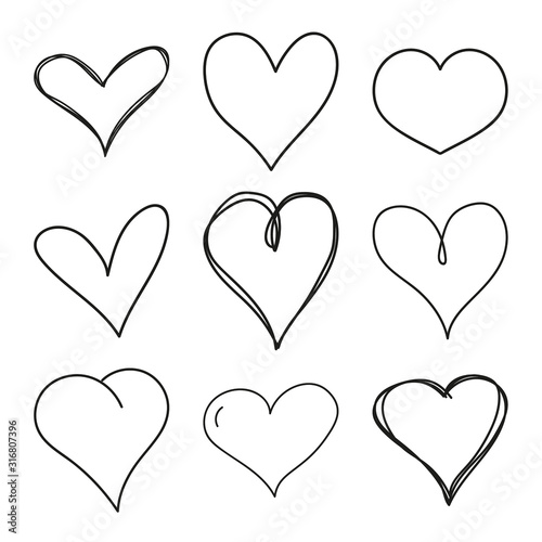 Set of black scribble hand drawn hearts. Vector collection of hearts for Valentines Day sweethearts.