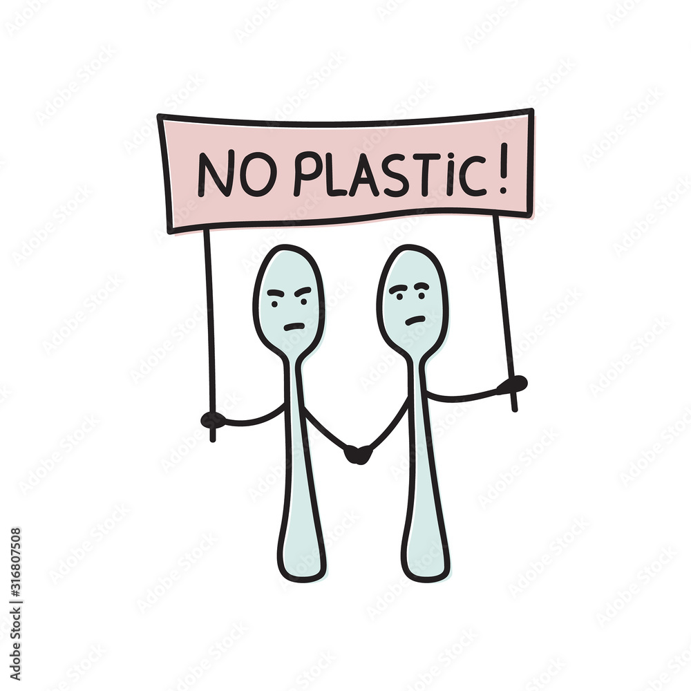Vector cartoon illustration with angry protesting plastic spoons with no plastic placard.
