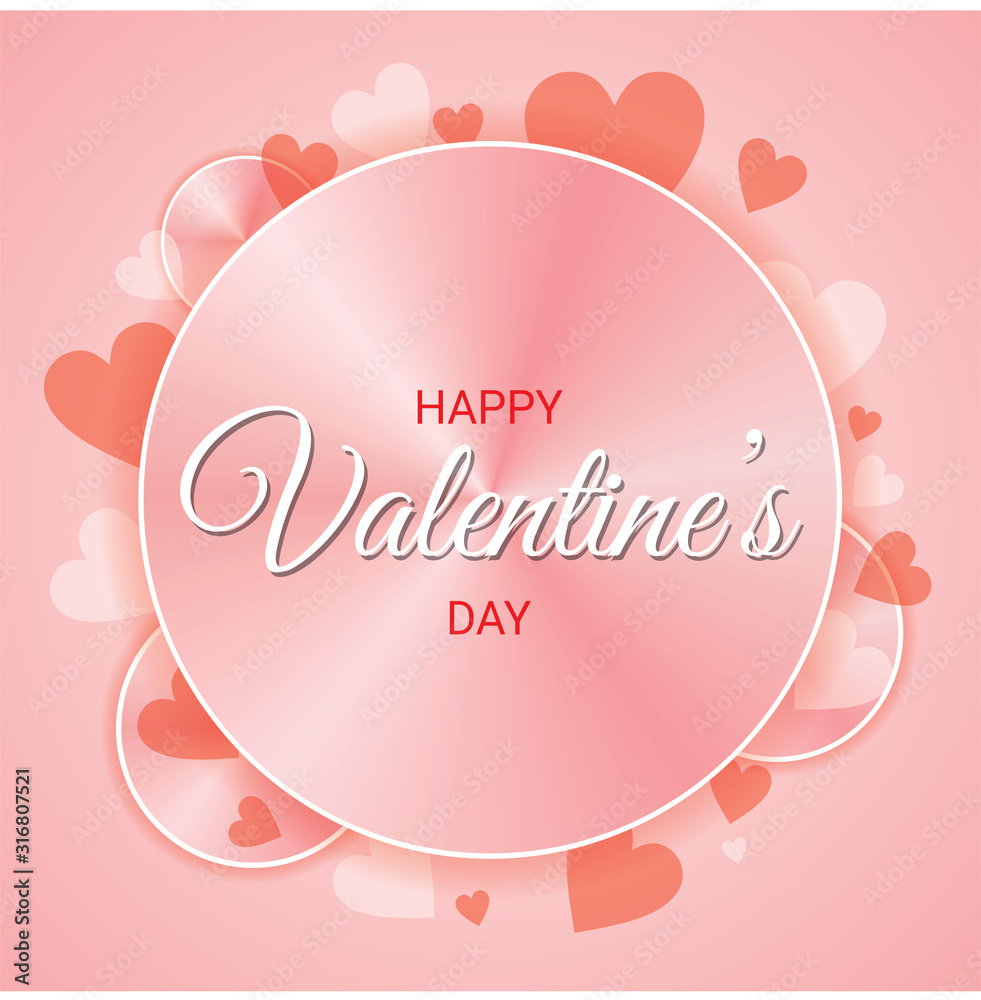 Valentines day card with shiny pink circle background for greetings and heart shapes on pink background. Vector Illustration.