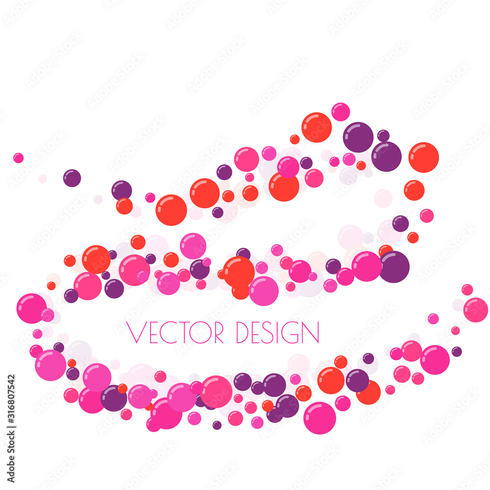 Multicolored curve wave of circles. Randomly scattered colored bubbles. Childish vibrant round dots on white background for decoration. Vector illustration.