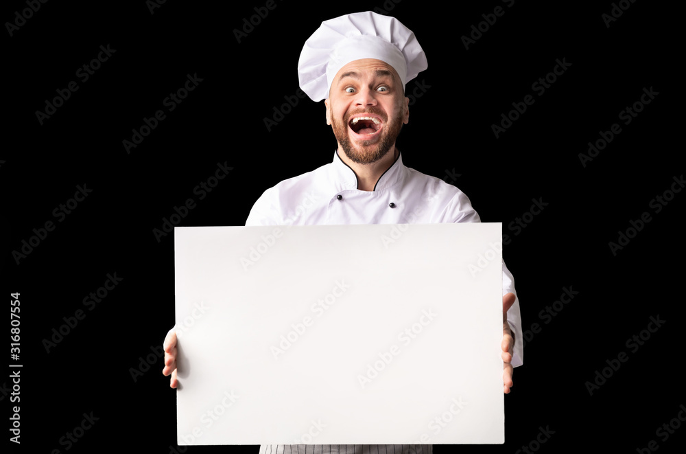 Excited Chef Man Holding White Board Standing In Studio, Mockup Excited Chef Man Holding White Board Standing In Studio, Mockup