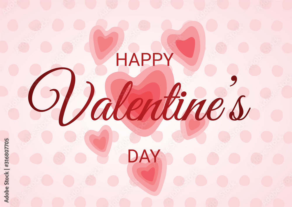Valentines day card with pink polka dot background. Vector illustration.