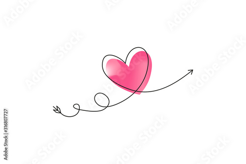 Cupid s arrow in the continuous drawing of lines in the form of a heart with pastel neon color design. Continuous black line. Work flat design. Symbol of love and tenderness.