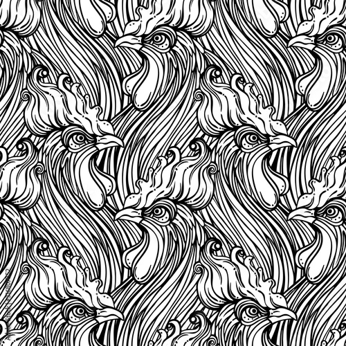 Rooster seamless pattern, Chinese zodiac symbol. Vector endless background. Repeating head of cock. Design for wallpaper art, coloring, nature and spirituality. Vintage print..