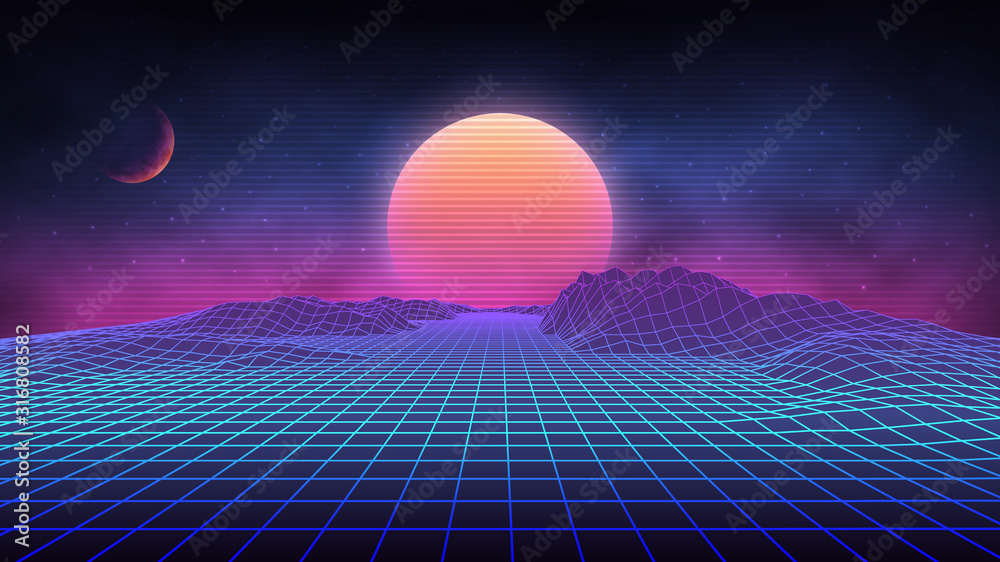 Fototapeta premium Futurystyczny krajobraz retro lat 80-tych. Futurystyczna ilustracja wektorowa słońca z górami w stylu retro. Cyfrowa Retro Cyber Surface. Nadaje się do projektowania w stylu lat 80-tych.