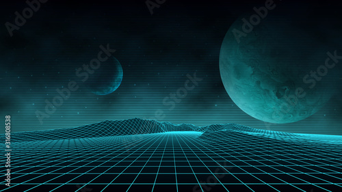 Futuristic retro landscape of the 80's. Vector futuristic illustration of planets with mountains in retro style. Digital retro-cyber-surface. Suitable for design in the 1980s.