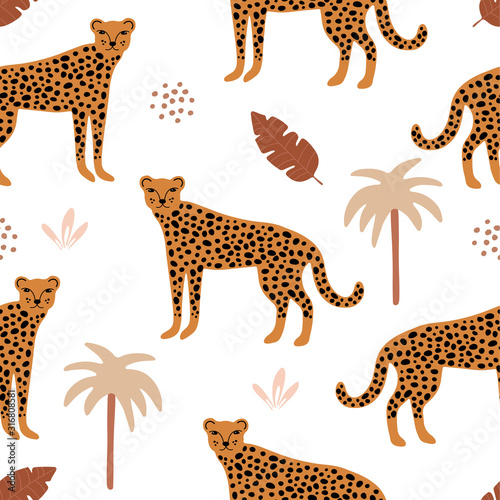Jungle seamless pattern. Hand drawn leopard  cheetah pattern with palms and tropical leaves on white background.