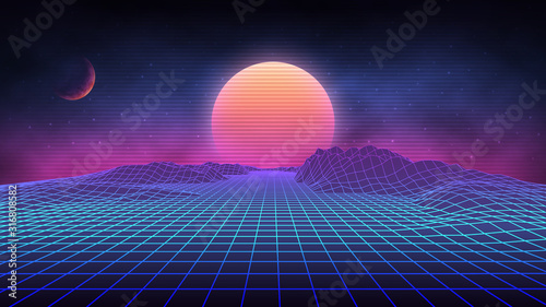 Fototapeta Futurystyczny pejzaż retro lat 80-tych. Futurystyczna ilustracja wektorowa słońca z górami w stylu retro. Cyfrowa Retro Cyber Surface. Nadaje się do projektowania w stylu lat 80-tych.
