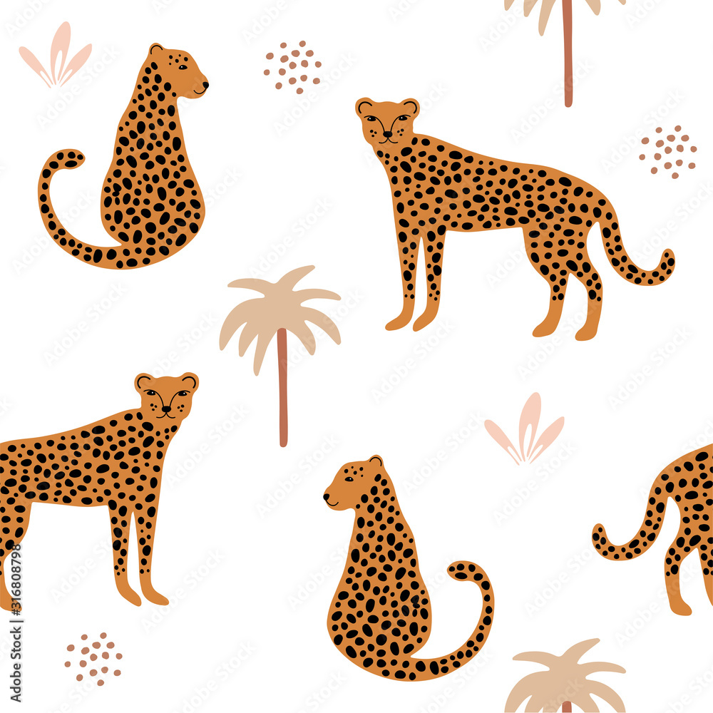 Obraz premium Seamless pattern with tropical animal cheetah, leopard and jungle leaves and palms. Abstract digital paper background for fabric, textile, wrapping