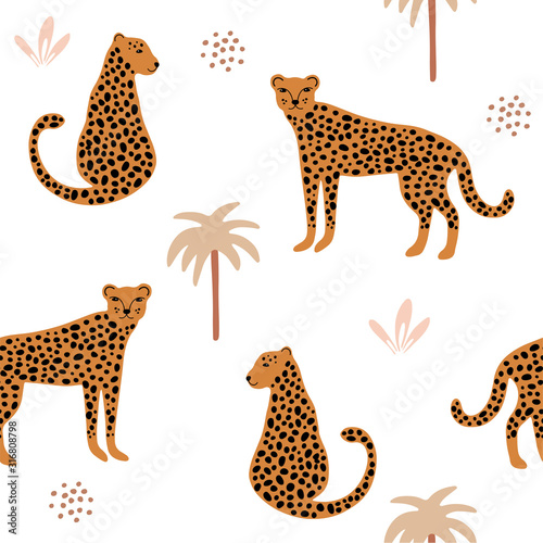 Seamless pattern with tropical animal cheetah, leopard and jungle leaves and palms. Abstract digital paper background for fabric, textile, wrapping