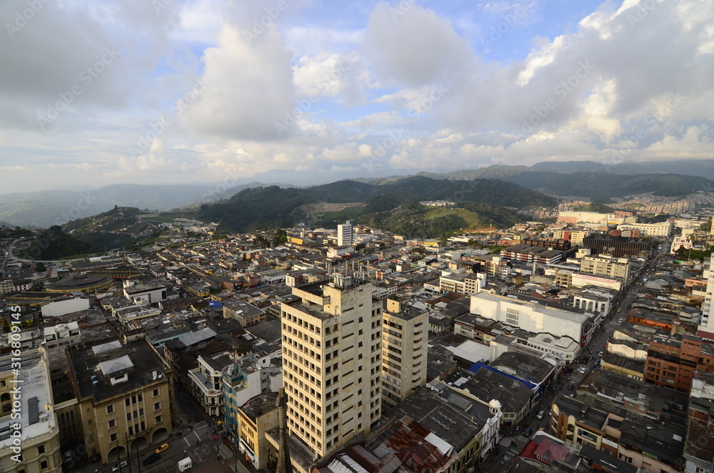  aerial panorama of downtown Manizales Colombia