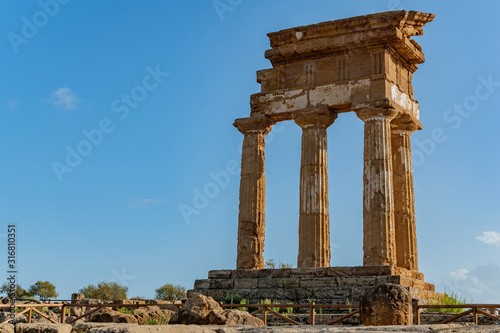 Temple of Dioscuri (Castor and Pollux). Famous ancient ruins in Valley of Temples, Agrigento, Sicily, Italy.