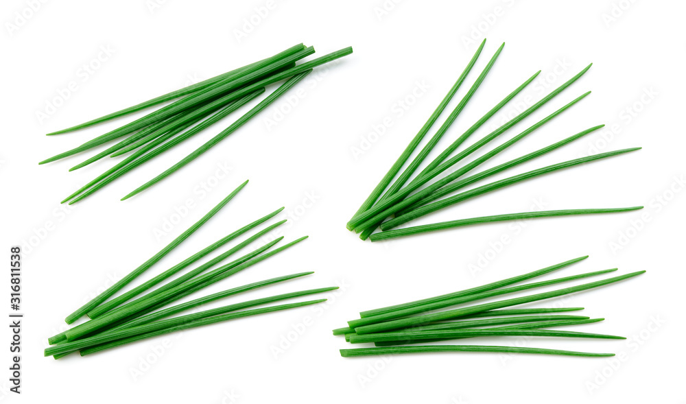 Chives isolated. Young green onion. Collection. Flat lay. Top view. - obrazy, fototapety, plakaty 