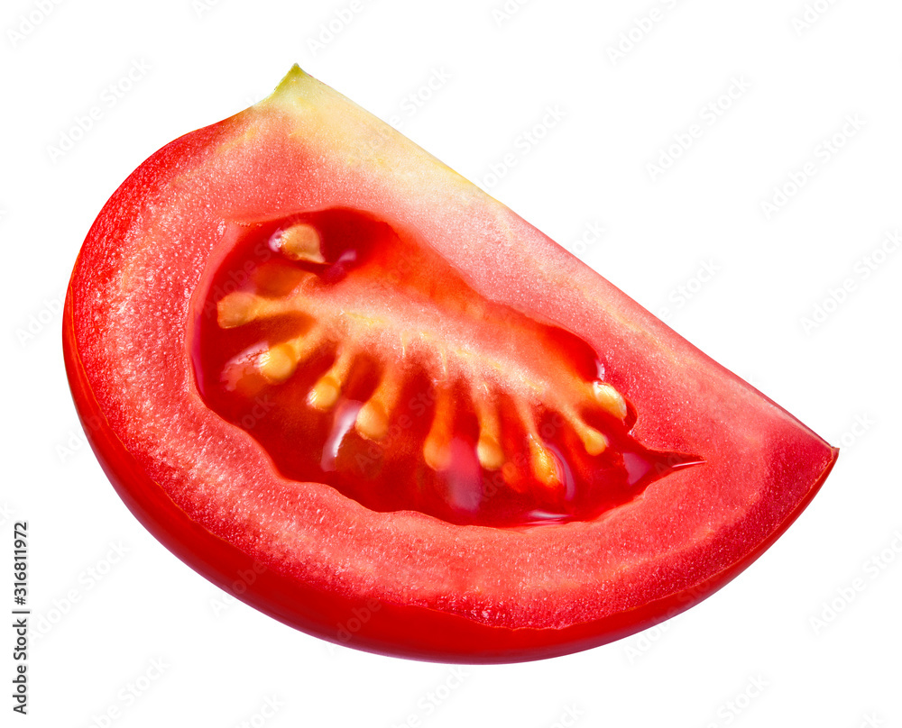 Tomato piece isolate. Tomato slice. Сut tomato on white. With clipping path.. Tomato piece isolate. Tomato slice. Сut tomato on white. With clipping path..