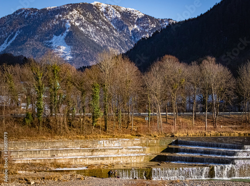 Beautiful winter view with water steps at Bad Reichenhall, Bavaria, Germany