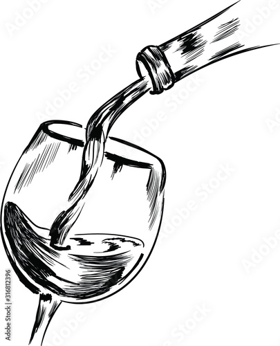Pouring wine in glass. Vector drink sketch isolated on white background . Concept for menu, logo, icon , print  