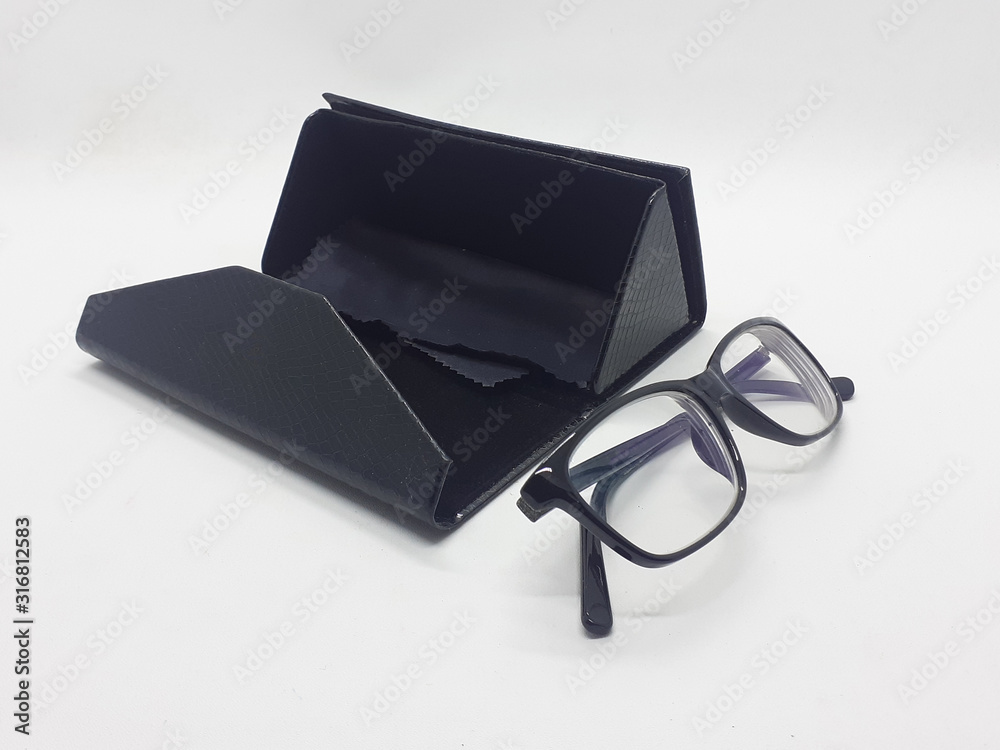 Unique Prism Shaped Black Leather Glasses Packaging Case Design in White Isolated Background Unique Prism Shaped Black Leather Glasses Packaging Case Design in White Isolated Background
