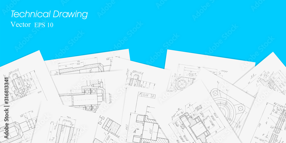Engineering plan scheme . Technical drawing on white sheets of paper .Backgrounds of engineering subjects.Parts for industrial construction.Vector illustration .	