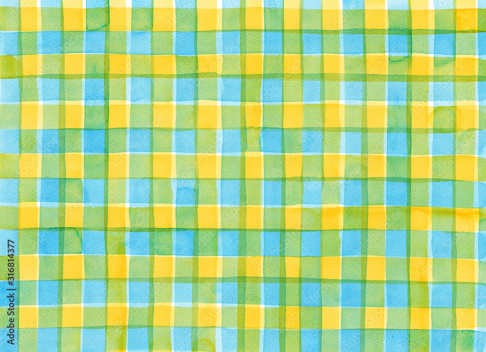 Light blue and yellow check pattern painted by watercolor Light blue and yellow check pattern painted by watercolor