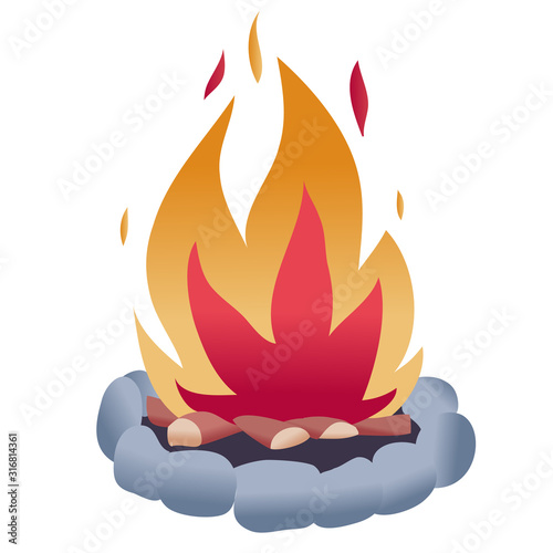 large bonfire lined with stones burns brightly, isolated object on a white background