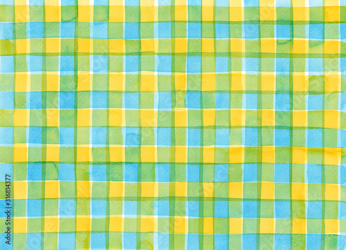 Light blue and yellow check pattern painted by watercolor