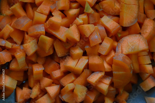 Carrots chopped with curry leafs. Indian healthy foods.