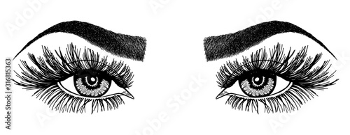 Illustration with woman's eyes, eyelashes and eyebrows. Makeup Look. Tattoo design. Logo for brow bar or lash salon.