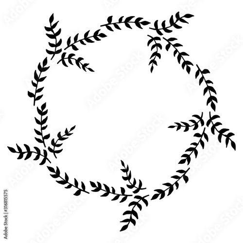Round frame of stylish decorative black branches on white background. Isolated vector frame for your design.