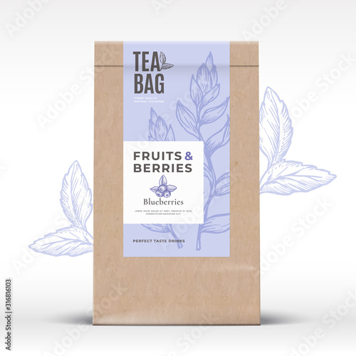 Craft Paper Bag with Fruit and Berries Tea Label. Abstract Vector Packaging Design Layout with Realistic Shadows. Modern Typography, Hand Drawn Blueberry and Leaves Silhouettes Background.