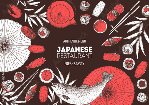 Sushi and rolls vector illustration. Hand drawn sketch. Japanese food menu design. Vintage vector elements for japanese cuisine menu. Retro style design. Food and drink collection.
