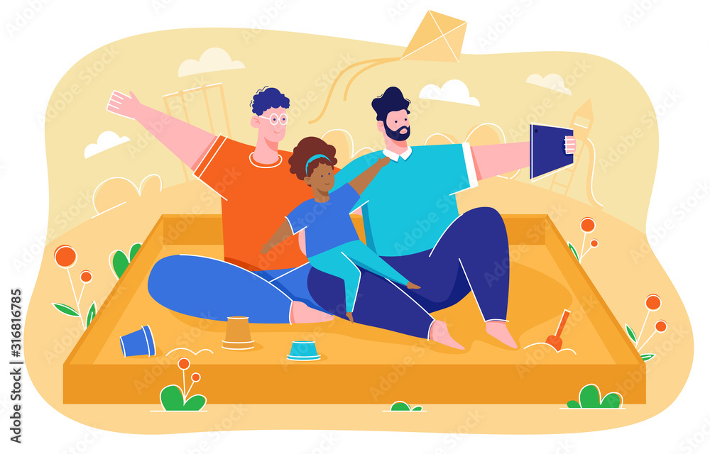 Fototapeta premium Vector illustration of same-sex parent, taking selfies