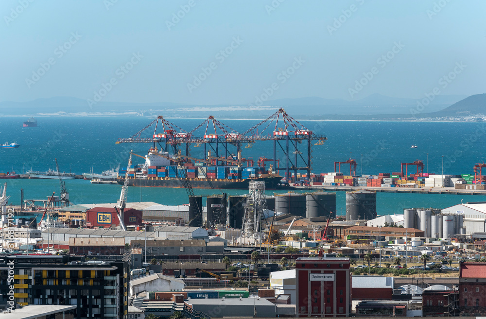 Cape Town docks. December 2019. An overview of Cape Town port and docks area looking to Table Bay harbour and the west coast.