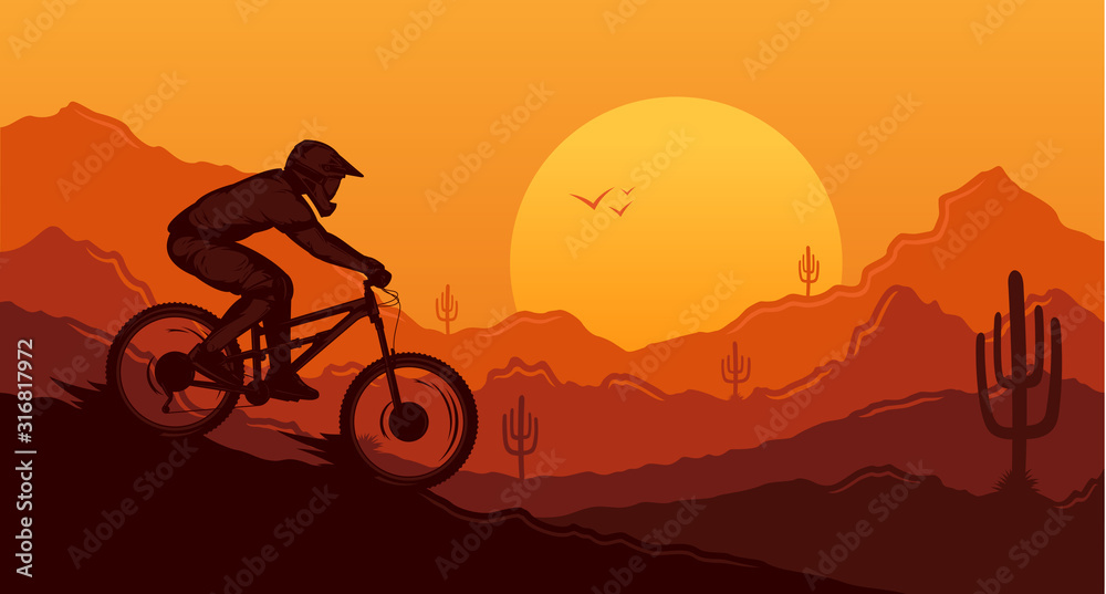 Obraz premium Vector downhill mountain biking illustration with rider on a bike and desert wild nature landscape with cacti, desert herbs and mountains. Downhill, enduro, cross-country biking banner