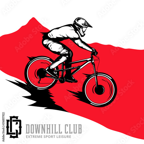 Vector downhill mountain biking illustration with rider on a bike and mountain silhouette. Downhill, enduro, cross-country biking illustration