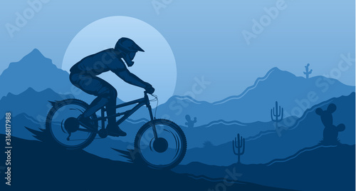 Vector downhill mountain biking illustration with rider on a bike and desert wild nature landscape with cacti, desert herbs and mountains. Downhill, enduro, cross-country biking banner